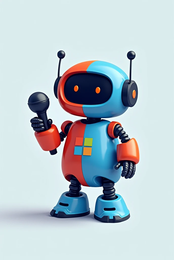 Small blue and red robot with MS logo and a microphone in its hands 