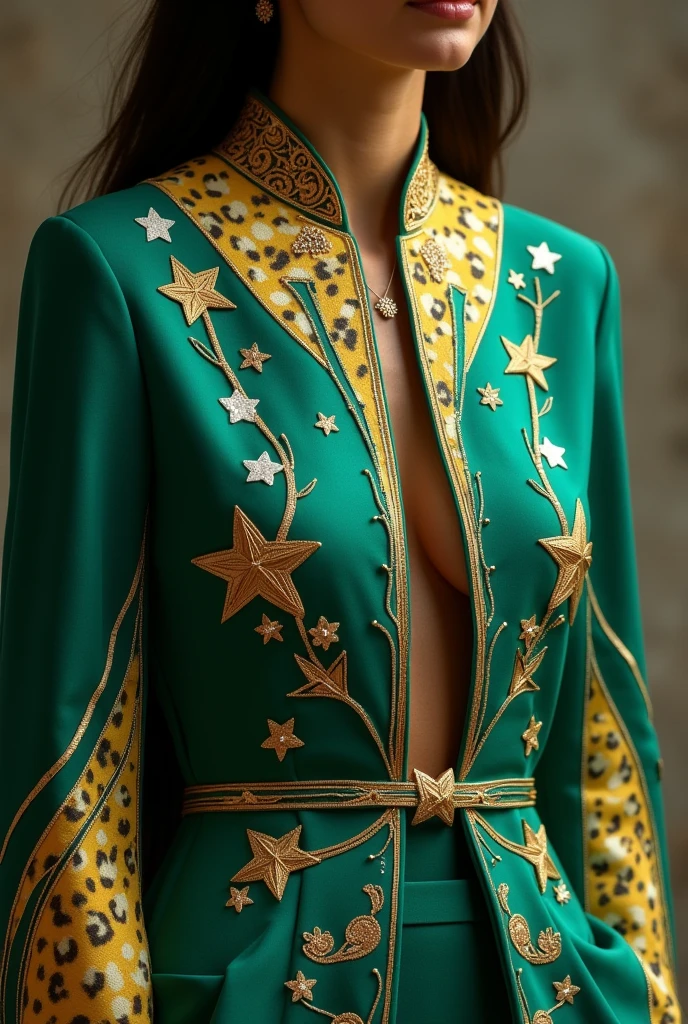 formal and elegant set. green colors, azul e amarelo. Leopard print details in some parts. gold accents. white stars. Female and male version.
