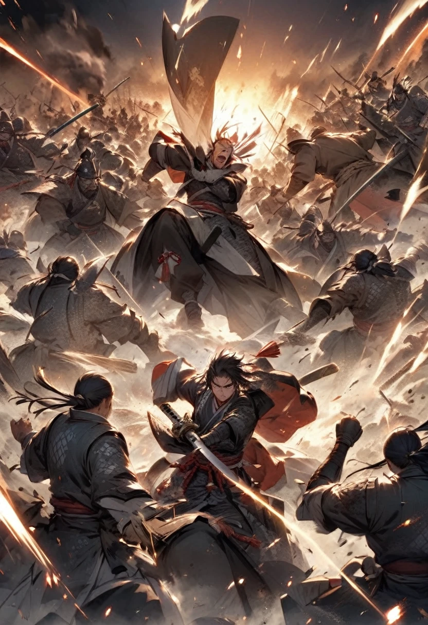 A dramatic turn of events on a Sengoku-era battlefield, where a previously outnumbered samurai force suddenly gains the upper hand. The central figure, a one-eyed samurai leader, stands tall in the midst of the chaos, his katana raised high as his forces rally around him. The enemy troops, once confident, are now in full retreat, their ranks breaking apart as the samurai’s strategic brilliance turns the tide of battle. The scene is filled with motion, dust, and the energy of a stunning reversal."