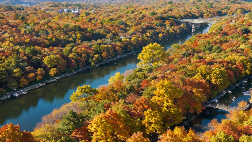 Autumn scenery of Kyoto seen from a drone,live-action,high resolution,real,3d,The river flows,A few fallen autumn leaves create a spectacular view.