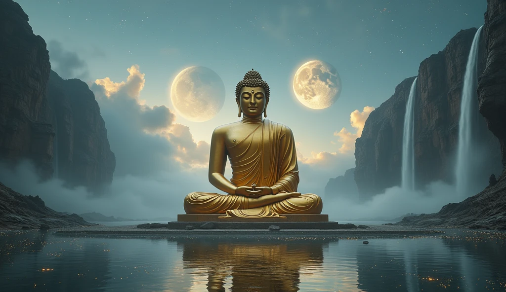 A long shot of the giant Maitreya Buddha meditating on a distant alien world. Imagine a serene landscape,The boundless pure ocean, Reflecting the light of the twin moons in the night sky., Between the waterfalls, Shrouded in clouds, Scenic landscape, Gold and silver movie lights