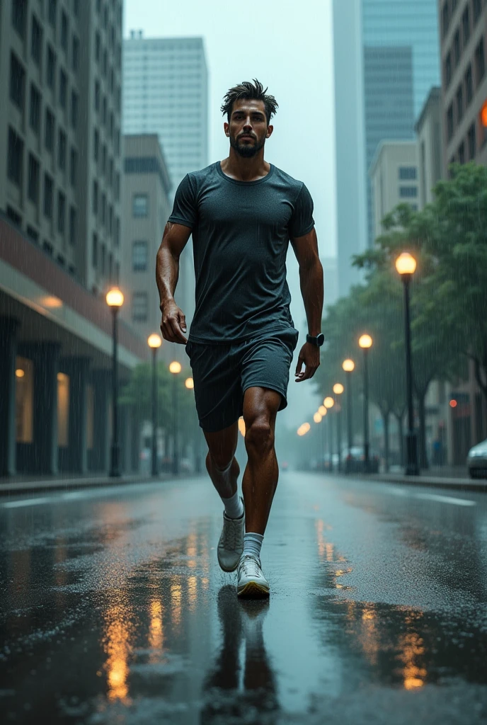 Young man in tennis and sportswear walking up a hill on a street while a very heavy rain falls