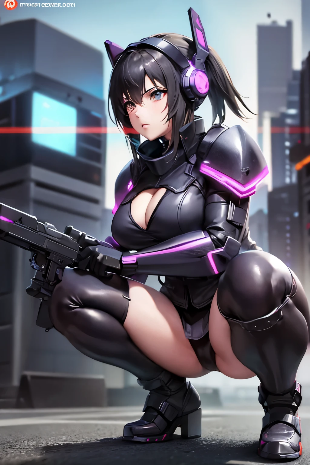 cyber punk。With a girl。The near-future world。Heavily armed。armor。Tokyo。outside of home。Huge boobs。Squat with legs apart。frontage。