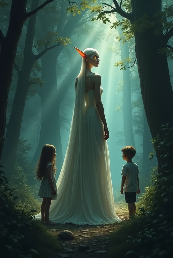 A tall, slender elf with pointed ears and glowing golden eyes emerges from the shadowy forest, meeting two frightened children, a  and a . The elf is dressed in elegant, flowing robes that blend with the natural colors of the forest. The children stand side by side, their faces showing a mix of fear and surprise as they gaze at the elf. The background features dark, towering trees with light filtering through the leaves, creating a mysterious and magical atmosphere