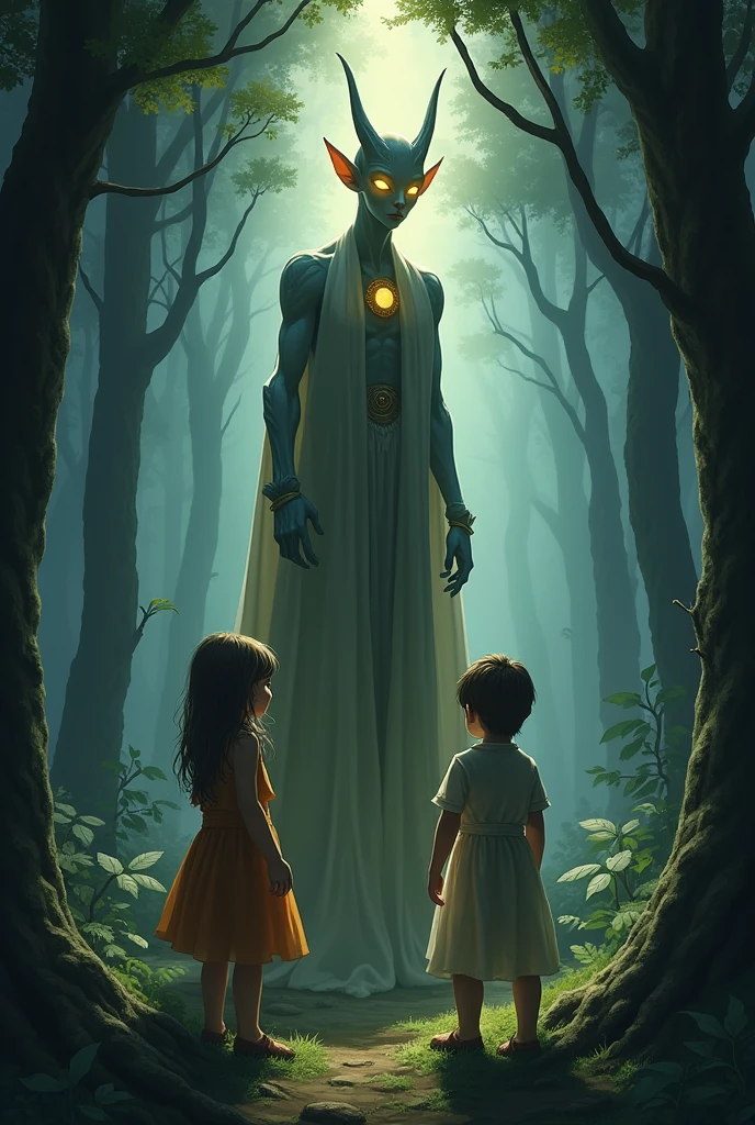 A tall, slender elf with pointed ears and glowing golden eyes emerges from the shadowy forest, meeting two frightened children, a and a . The elf is dressed in elegant, flowing robes that blend with the natural colors of the forest. The children stand side by side, their faces showing a mix of fear and surprise as they gaze at the elf. The background features dark, towering trees with light filtering through the leaves, creating a mysterious and magical atmosphere