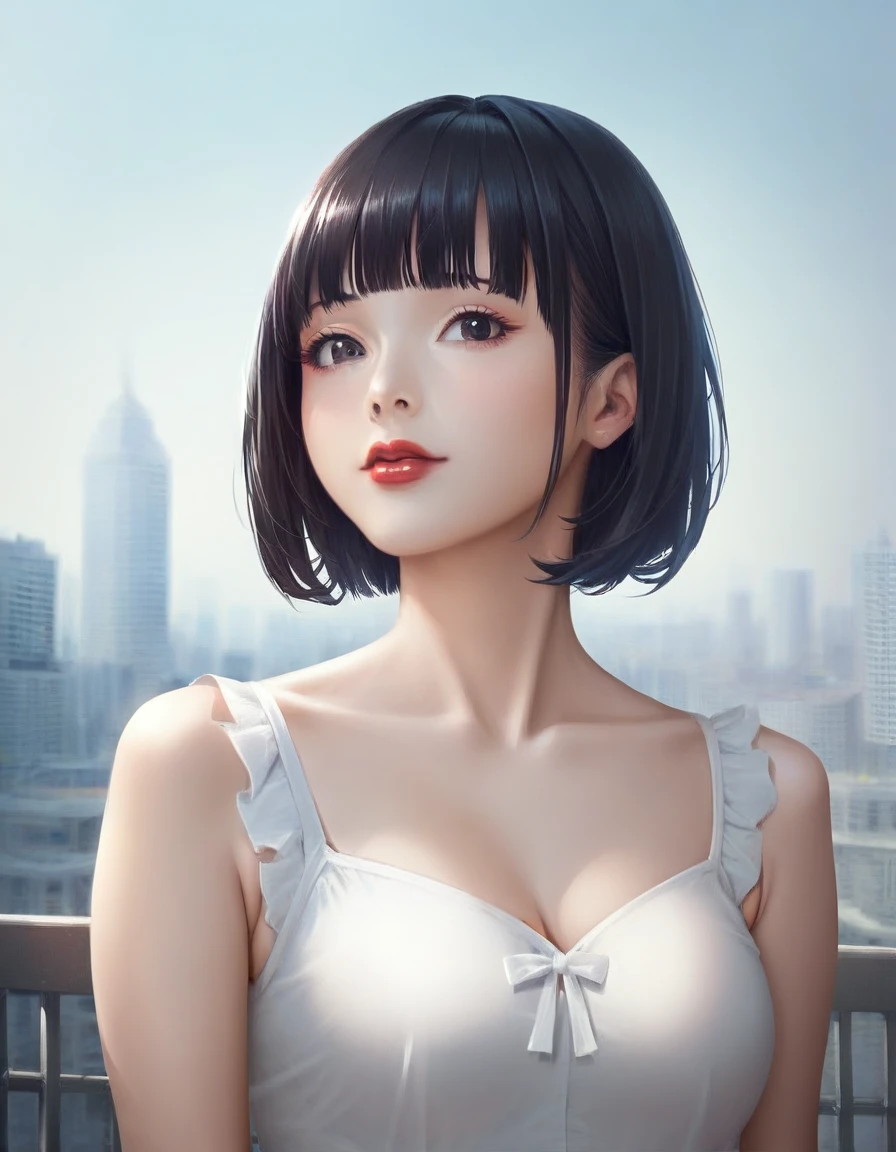 (score_8, score_8_up,source_anime,masterpiece,highest quality,Perfect Anatomy,Exquisite detailed:1.1)(raw photo,photo realistic:0.1)1 girl,cute face,Japanese,small eyes,black eyes,black hair,bob cut,blunt bangs,red lips,medium breasts,city