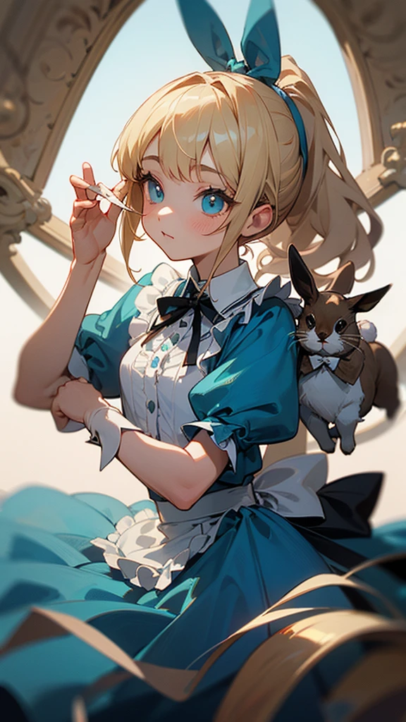 high resolution、Perm blonde、ponytail、Black ribbon on head、simple light blue dress、White frills on the skirt。
A girl like Alice in Wonderland。Fantasy、A girl with a rabbit character from Alice in Wonderland。