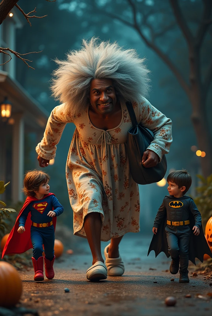 Tall black man dressed as a granny with a candy bag running towards 2 childs in a halloween night, the first one dressed as superman and the second one dressed as batman