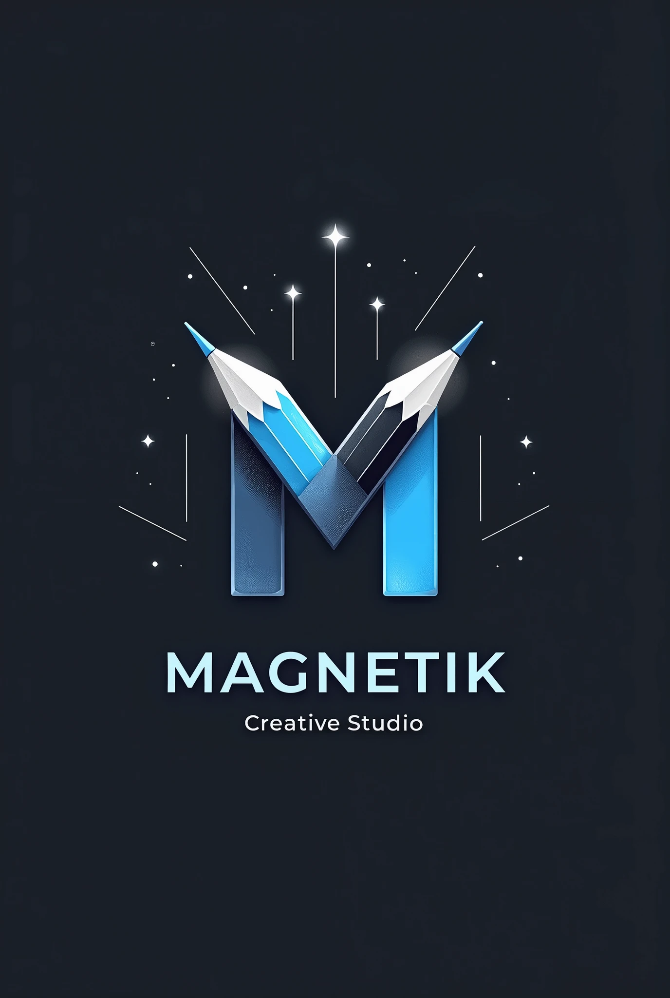 create a logo for Magnetik Creative Studio which is a marketing company it must be elegant, sober, professional and creative. It should include a stylized creative pencil with magnetic attraction elements, una tipografía moderna y elegante y una paleta de colores sobers y llamativos como negro, gray, white, electric blue. Subtle details such as soft shadows and shimmer effects can add sophistication to the design.. that adds the letter m in some way