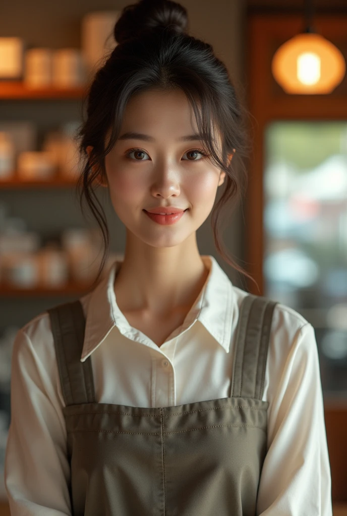 a beautiful japanese woman, female shopkeeper, smiling at cash register, detailed face, detailed eyes, detailed lips, detailed skin, intricate details, photorealistic, 8k, masterpiece, high quality, beautiful lighting, warm color tones, cinematic, dramatic lighting, volumetric lighting, chiaroscuro, soft focus, elegant, graceful, serene expression, professional photograph, studio lighting