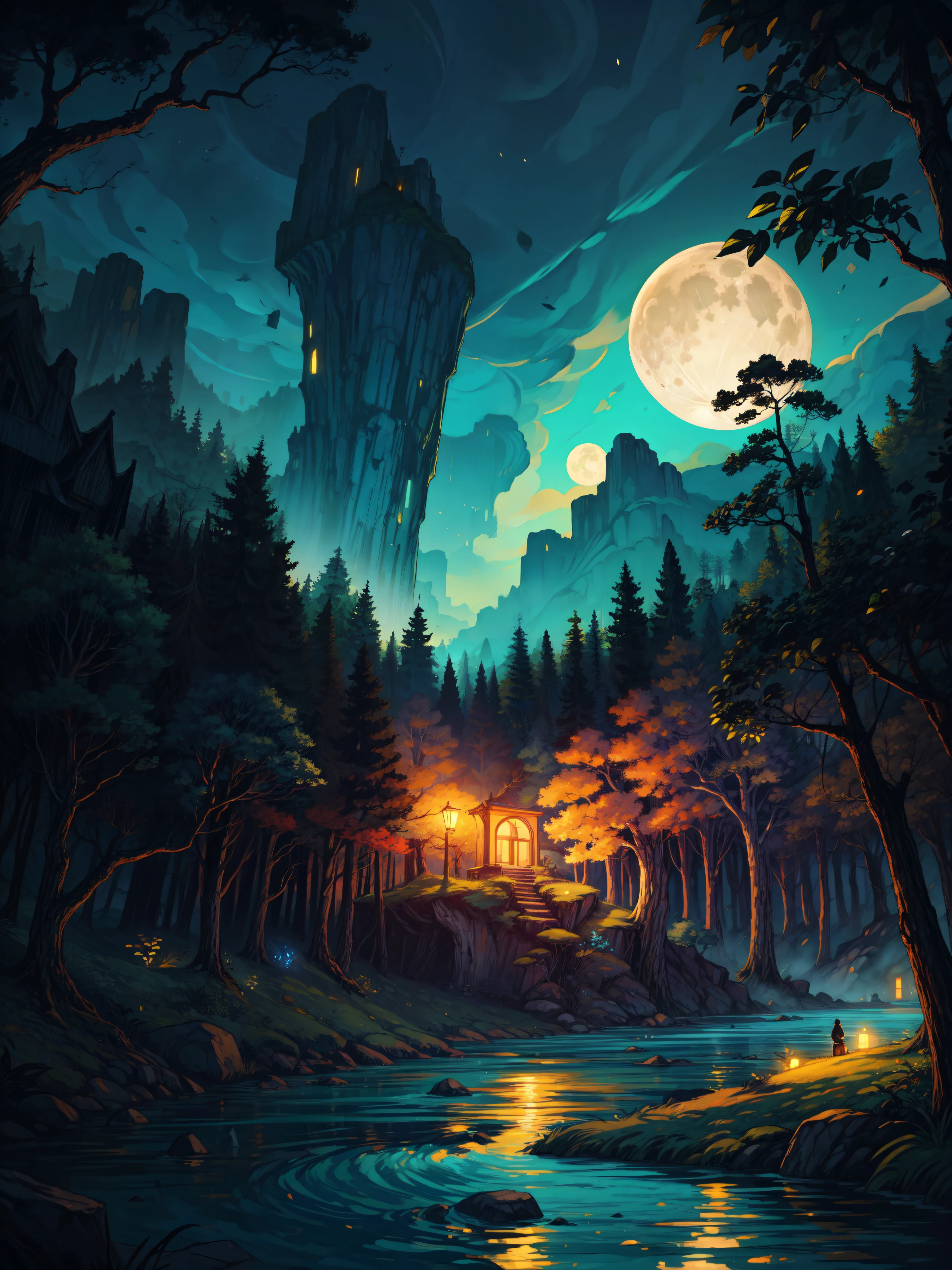 wide view, Sprawling emerald forest teems with bioluminescent flora, casting a soft, ethereal glow, Crystal-clear rivers wind through ancient trees, branches are adorned with shimmering, silver leaves, floating islands drift lazily in a sky painted with vibrant hues of twilight, winged creatures soar gracefully between distant, glowing moons, cozy atmosphere, micro landscape, intrinsic details, masterpiece