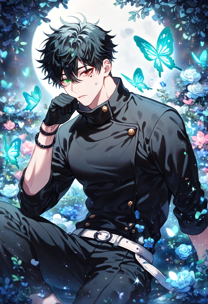 absurdres, highres, ultra detailed, HDR) master piece, best quality, extremely detailed, detailed eyes, delicated features, Kang Woojin, black hair, messy hair, heterochromia, expressive right red eye, expressive left green eye, hair between the eyes, Love Jinx, solo, sexy man, handsome, manly man sitting, sensual, adult face, jujutsu Kaisen uniform, black uniform, high collar, black gloves, black bracelet, white belt, black pants, fantasy, magical, glittering, water, blue flames, blue moon, blue flowers, blue butterflies, garden, Jujutsu Kaisen