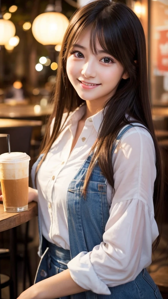 Cute girl working at a cafe terrace　Japanese　１９age　
Professional Lighting　Digital SLR　Beautiful and elaborate face　Perfect and beautiful face　Big eyes Smile