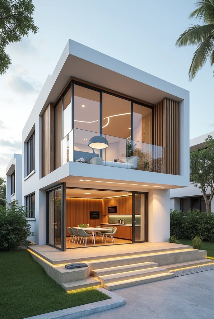I would like a plan for a modern 60m² house with a kitchen integrated into the living room., 1 social bathroom, 1 large bedroom with closet and bathroom