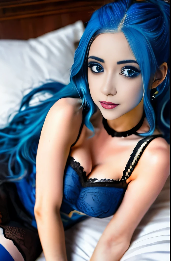 arafed woman with blue hair and black stockings laying on a bed, beautiful blue haired girl, pretty girl with blue hair, belle delphine, with blue hair, dark goth queen with blue eyes, anime girl cosplay, dark blue hair, blue piercing eyes, with blue skin, anime girl in real life, dark blue long hair, dark blue eyes, dark blue