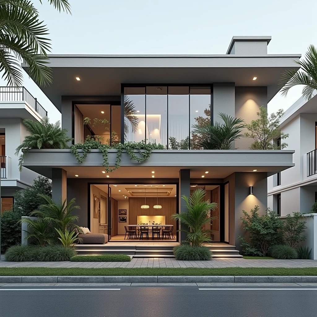 modern villa on the street, (day light), arbre tropical, shrub and green plants, Couleur vive, paysages de rue, Conception minimaliste, shiny gray tone, Large glass door, Warm interior lighting, modern equipment, best quality, ultra realistic, head of&#39;artwork, 17archiai_xl_VL-v1