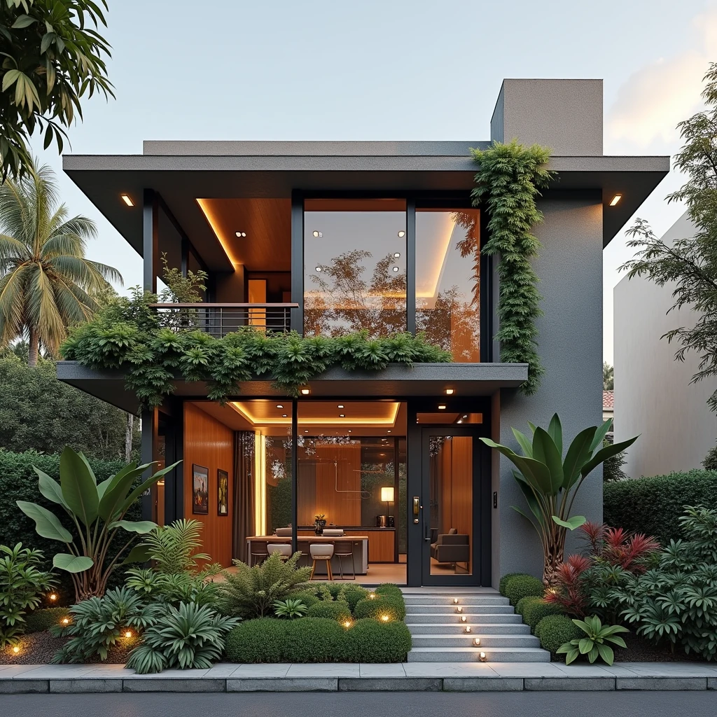 modern villa on the street, (day light), arbre tropical, shrub and green plants, Couleur vive, paysages de rue, Conception minimaliste, shiny gray tone, Large glass door, Warm interior lighting, modern equipment, best quality, ultra realistic, head of'artwork, 17archiai_xl_VL-v1