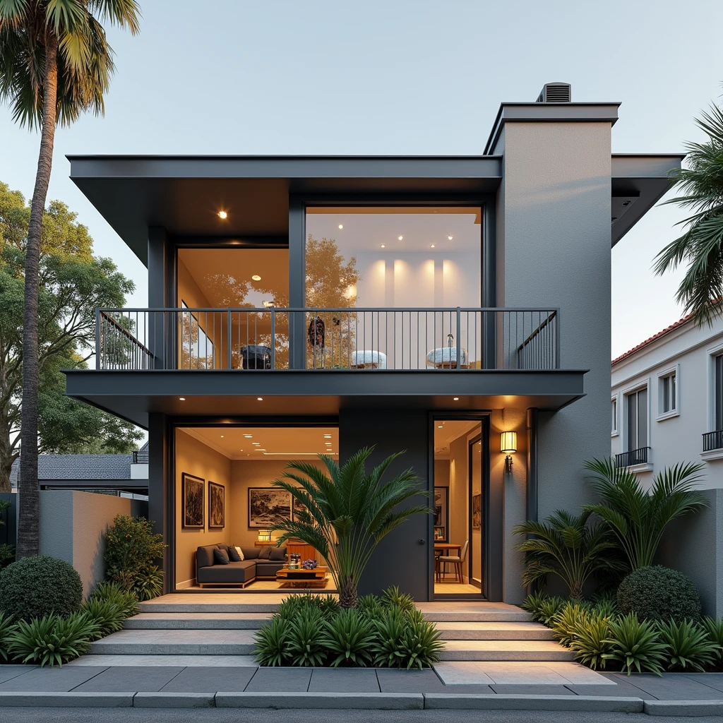 modern villa on the street, (day light), arbre tropical, shrub and green plants, Couleur vive, paysages de rue, Conception minimaliste, shiny gray tone, Large glass door, Warm interior lighting, modern equipment, best quality, ultra realistic, head of'artwork, 17archiai_xl_VL-v1
