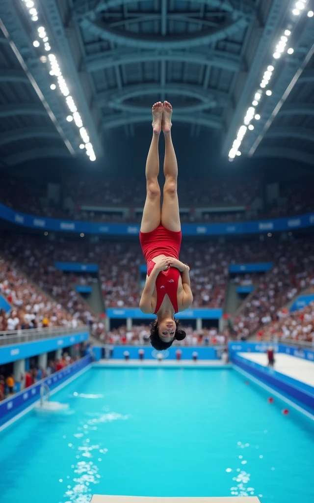 Ultra-high resolution,High-resolution details,Olympic women's diving,Red clothing,(1 Korean beauty,Super beautiful,Super fair skin,White face)full-body shot,Panoramic vistas,High platform diving,Large range of motion and high difficulty,Below is the swimming pool,Looking up,Olympic indoor venues as background,Full audience,Passionate and intense