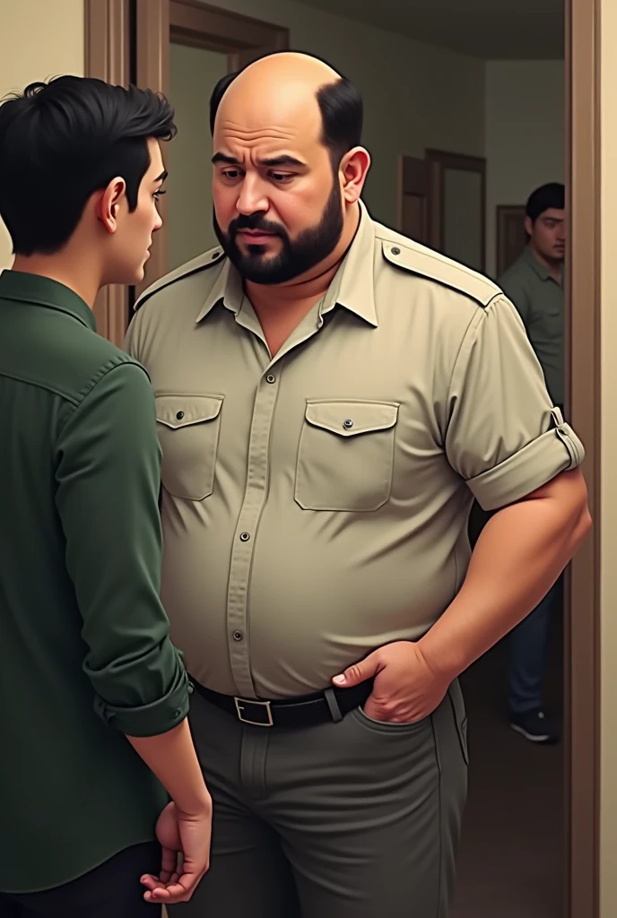 A short mayor, slightly bald, short black hair, with smooth face, in ordinary clothes, with one hand in his pants pocket, to stick something in the bag, serving an ordinary citizen and saying: I pay out of my pocket