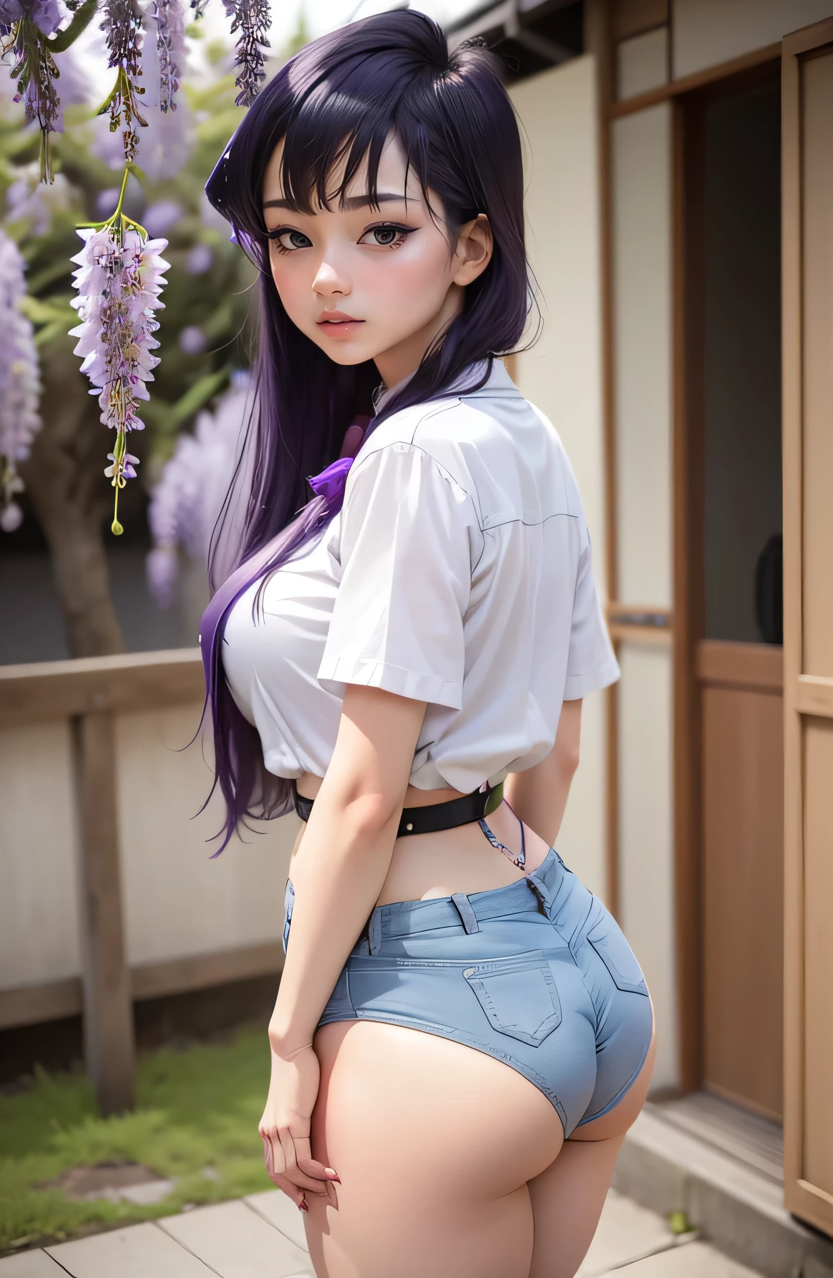 Girl with long purple hair, Slim, pretty, little chest, in shorts, on all fours