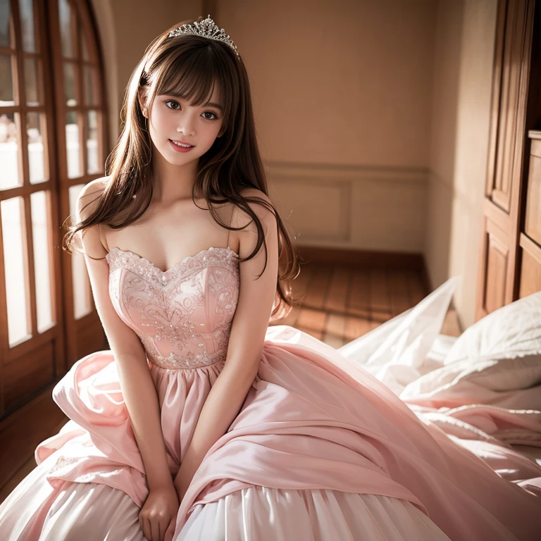 laughing out loud,(knee shot), 1 girl, light brown hair, blunt bangs, hair behind ears, Hair over the shoulders, long hair, Slender body type, Super thin face, face slimming, delicate lips, beautiful eyes, Thin blush, Eyes are light brown,Check it out here, (realistic:1.3), 8k, , Super detailed, high quality, best quality, High resolution,Wear pink wedding dress,Wear a big dress,wear princess dress,Wear a wedding dress,fairy princess dress,in the castle,Wedding ceremony,gauze dress,Wedding dresses,,大gauze dress,tutu dress,