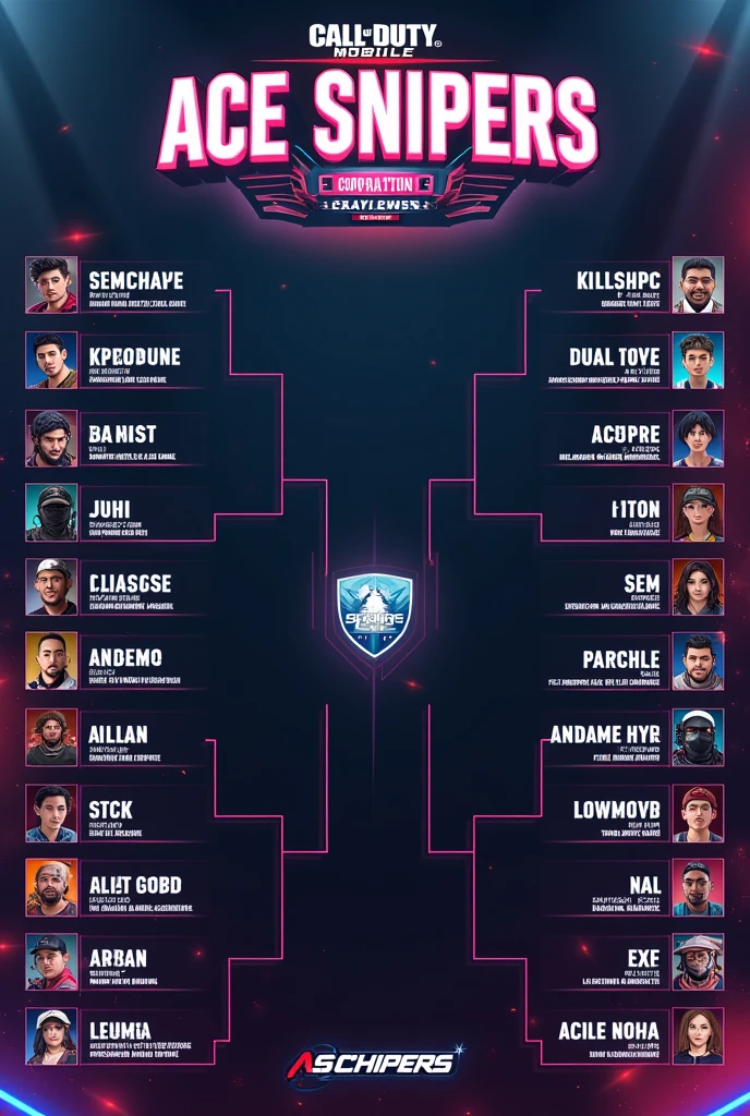 call of duty mobile championship competition bracket board vector with 8 participants on each side with only the boards,with the name of the championship "Ace snipers"