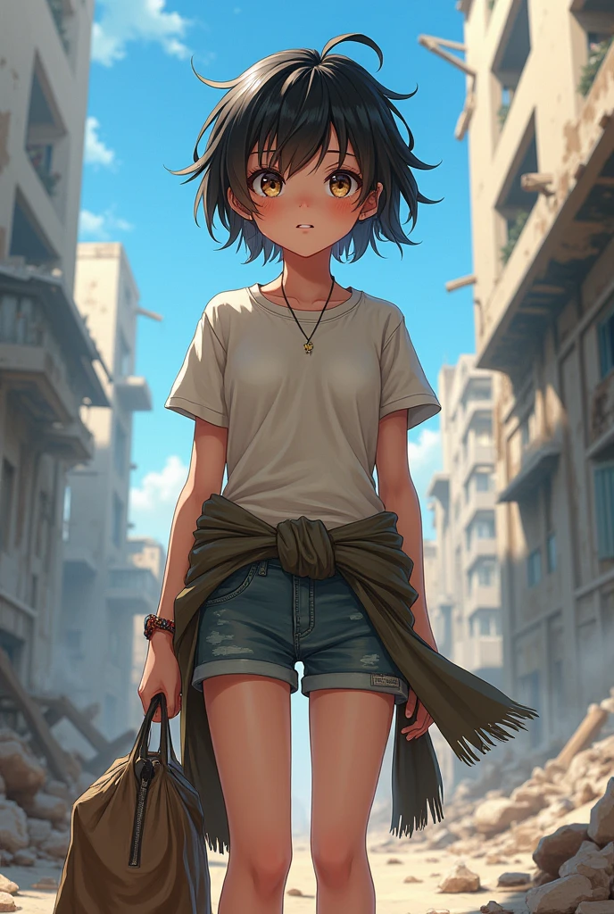 Anime girl in disheveled t-shirt and shorts with sweater tied around waist in an apocalypse gathering supplies