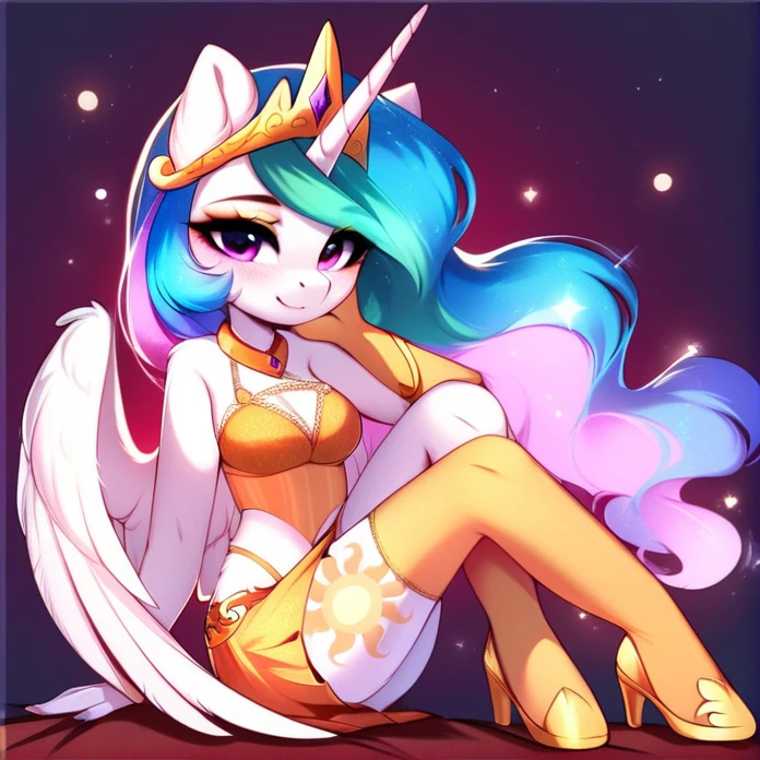 check_9, check_8_up, check_7_up, source_fluffy, rating_safe, from Magnaluna, Celestia poses seductively in a white bedroom, pink eyes, white body, anthro, blushing, wearing tight golden lingerie skirt, full body