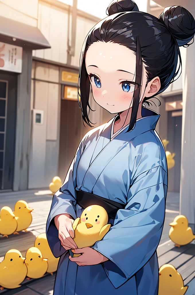 RAWphoto,photorealistic,8k16k,best quality,perfect anatomy,perfect detailed,ultra highres, extremely detailed eyes and face, gleaming skin,shiny skin,anime screencap,anime colored,1girl,black hair,bun_head,(forehead:1.3),(8yo,Kindergarteners:1.2), wearing a yukata,front of candy shop,little smile,holding a Chick stuffed toy,(looking away:1.9),bird on head