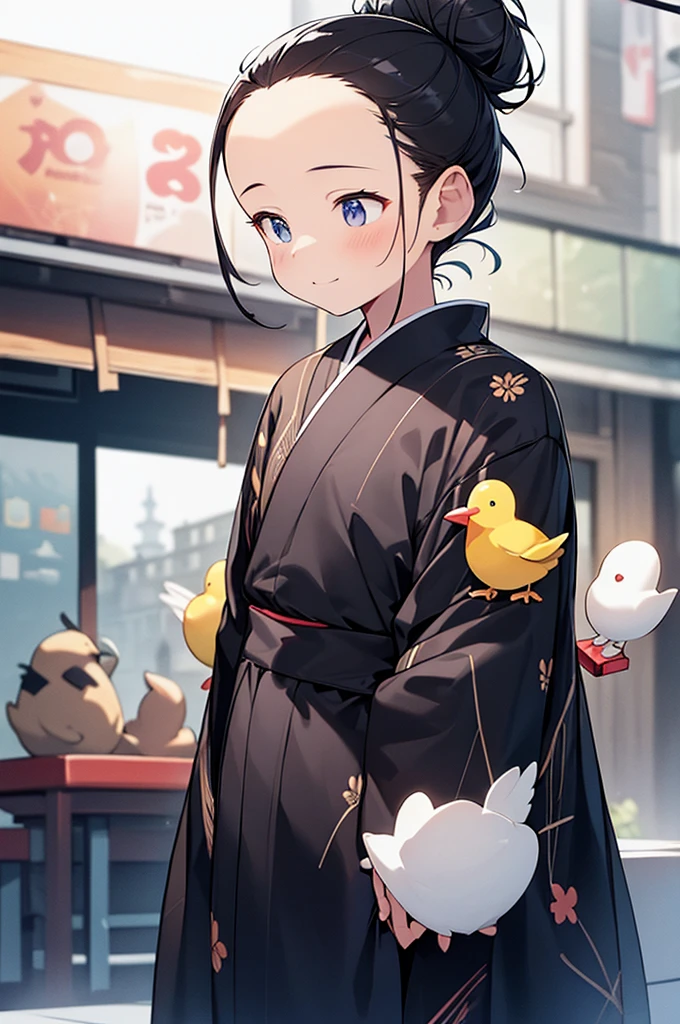 RAWphoto,photorealistic,8k16k,best quality,perfect anatomy,perfect detailed,ultra highres, extremely detailed eyes and face, gleaming skin,shiny skin,anime screencap,anime colored,1girl,black hair,bun_head,(forehead:1.3),(8yo,Kindergarteners:1.2), wearing a yukata,front of candy shop,little smile,holding a Chick stuffed toy,(looking away:1.9),bird on head