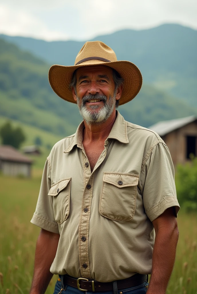 Man with straw hat button down baseball shirt