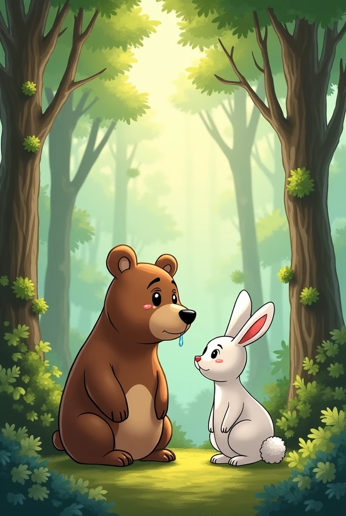 Create a cartoon image of a brown bear crying in the forest, and a white rabbit in a cartoon 
