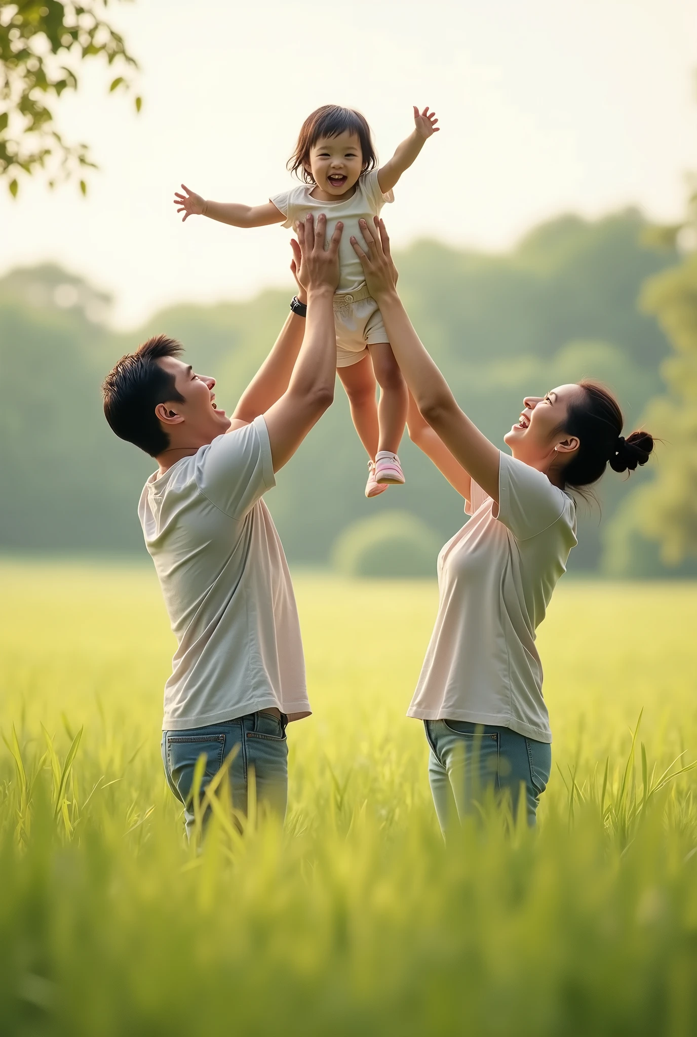 Asian husband and wife holding their little daughter up high on the grass