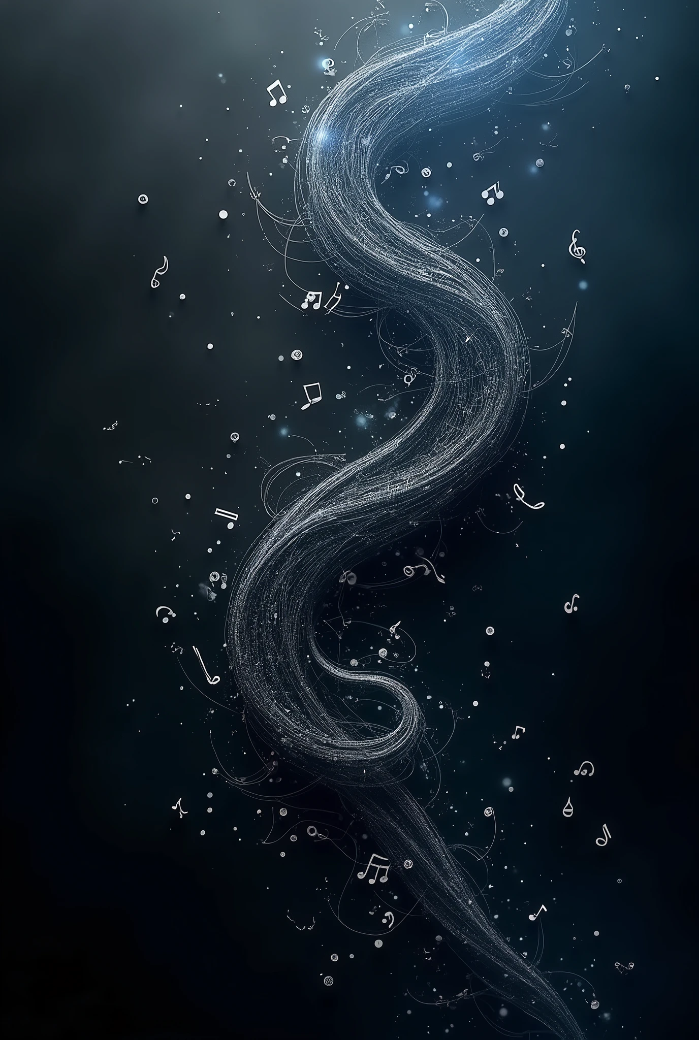 A dark, elegant background with a black left side transitioning to dark blues on the right. The right side of the image should feature intricate, swirling patterns musical notes. These musical elements should maintain the same flow and arrangement as the original design, with a subtle gradient of white to gray as they blend into the background, with a clear focus on the right side.