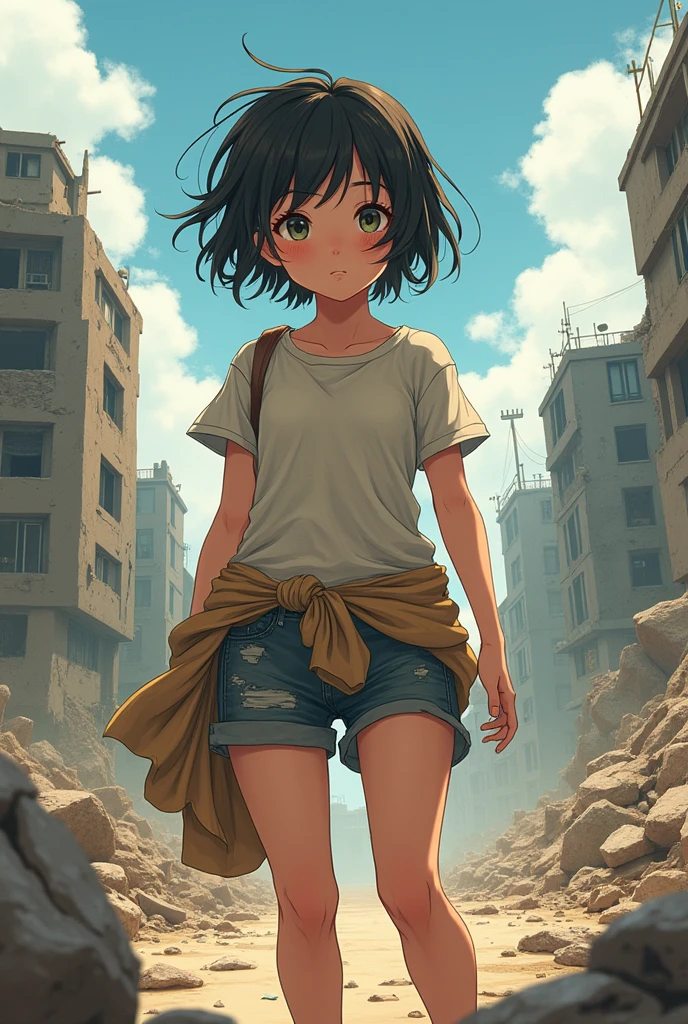 Anime girl in disheveled t-shirt and shorts with sweater tied around waist in an apocalypse gathering supplies 