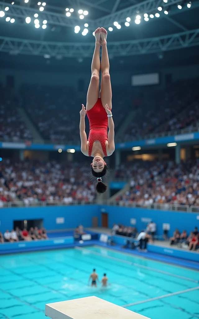 Ultra-high resolution，High-resolution details，Olympic women&#39;s diving，Red clothing，（1 Korean beauty，Super beautiful，Super fair skin，White face）full-body shot，Panoramic vistas，High platform diving，Large range of motion and high difficulty，Below is the swimming pool，Looking up，Olympic indoor venues as background，Full audience，Passionate and intense