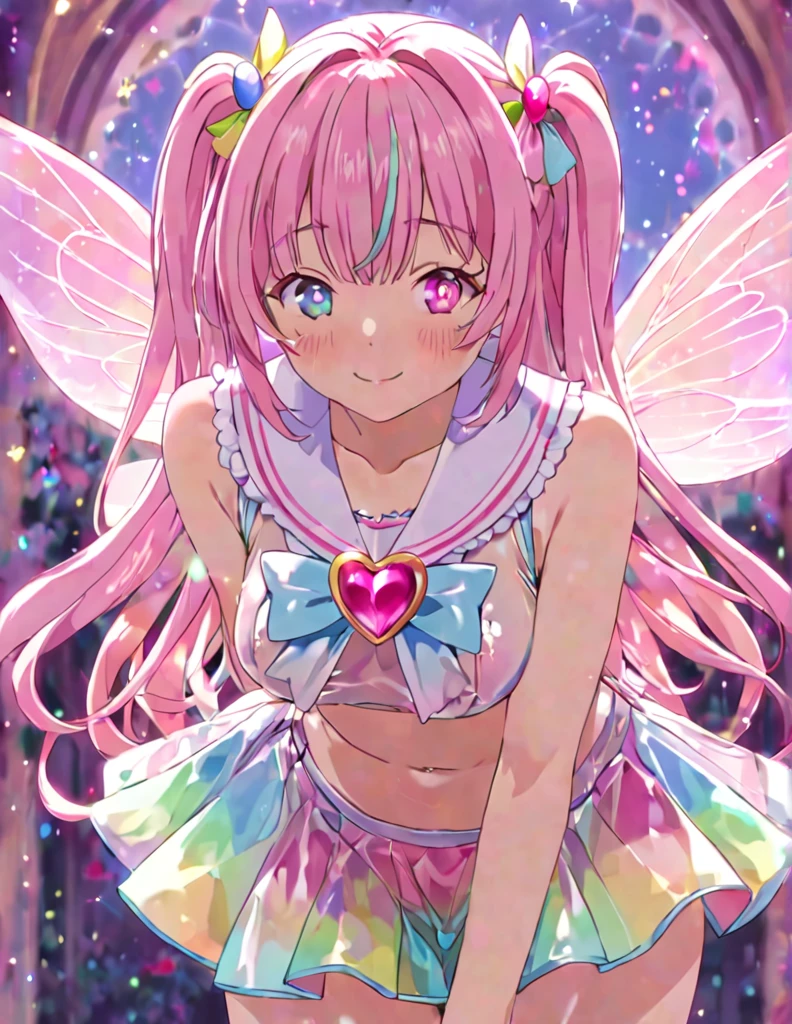 source_anime screencap, masterpiece, awesome top artist illustration, gravure beautiful poses, (kawaii:1.2), pripara idol, sailor leotard magical girl, vtuber, yumekawa pastel color tone and manner, textile shading colorfull pastel fashion, see-through skirt, latex, navel, fairy wing, fantasy background, 90's animation, kawaii, beautiful detailed eyes, white large pupils, light smile, in heat, blush cheeks, pastel color hair, heart jewel, transform scene effect high quality background, masterpiece, extremely detailed thin line,most fav,highly rating, masterpiece, perfect anatomy, very high resolution absurdres, insane sharpness, global illumination, perfect female proportion, leaning forward, amazing quality, very aesthetic, absurdres, 135mm f1.4, bokeh, glossy skin oily, perfect anatomy, clothes reflecting light, extremely shiny clothes, ultimate quallity, extremely detailed thin line,most fav,highly rating, masterpiece,