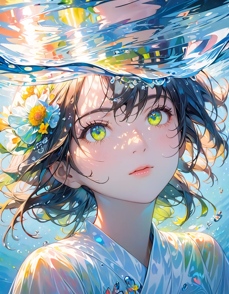 Girl swimming underwater,Ultra-detailed rendering style,Shine,yellow,green,Brush,Surreal oil painting,Shine目,Head close-up,Exaggerated perspective,Tyndall effect,Water Drop,Mother-of-pearl iridescence,holographic white,Black background,