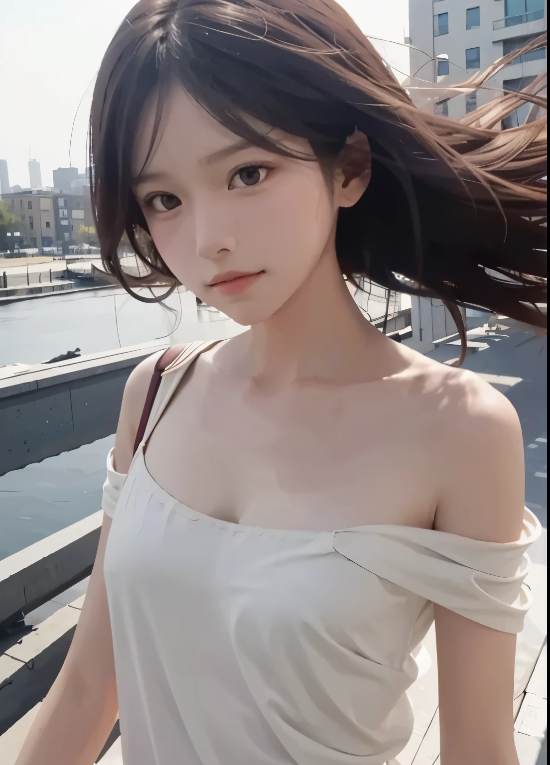 (best-quality:0.8),(best-quality:0.8), perfect anime illustration, extreme closeup portrait of a pretty girl walking through the city,(Flat Chest),Shoulders exposed skin,A beautiful girl of unparalleled beauty,Slim figure,