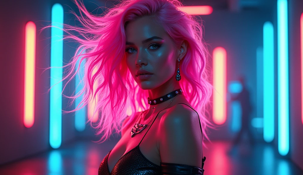 Create an alluring female character who embodies the energy and vibrancy of electronic dance music. She could have neon-colored hair, futuristic accessories, and a confident pose