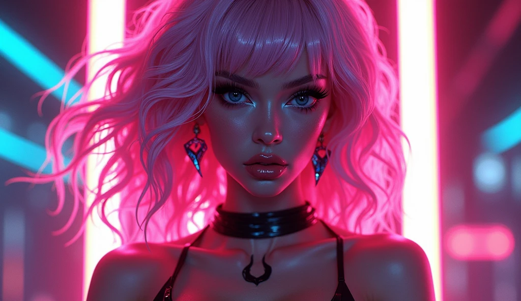 Create an alluring female character who embodies the energy and vibrancy of electronic dance music. She could have neon-colored hair, futuristic accessories, and a confident pose