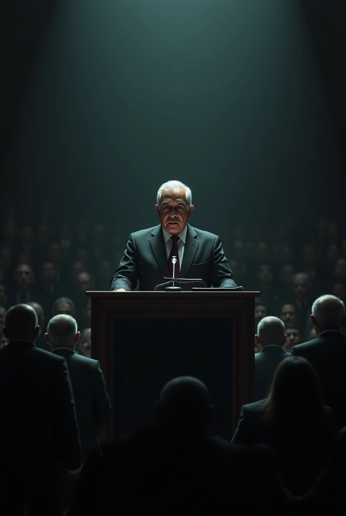A dark stage with a microphone in the foreground, AMLO addresses a crowd from a podium. At the bottom, shadows of political figures watch.