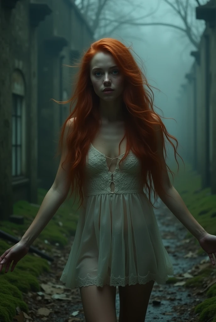 meeting with the mechanical elves overlords (([red|black] hair)), long hair, white formfitting wet cotton dress, drenched fabric, nipples bump see-through,  melancholic gaze at viewer,  (soothing tones:1.0), (hdr:1.25), (artstation:1.2), dramatic, (intricate details:1.14), (hyperrealistic 3d render:1.16), (filmic:0.55), (rutkowski:1.1), (faded:1.3)