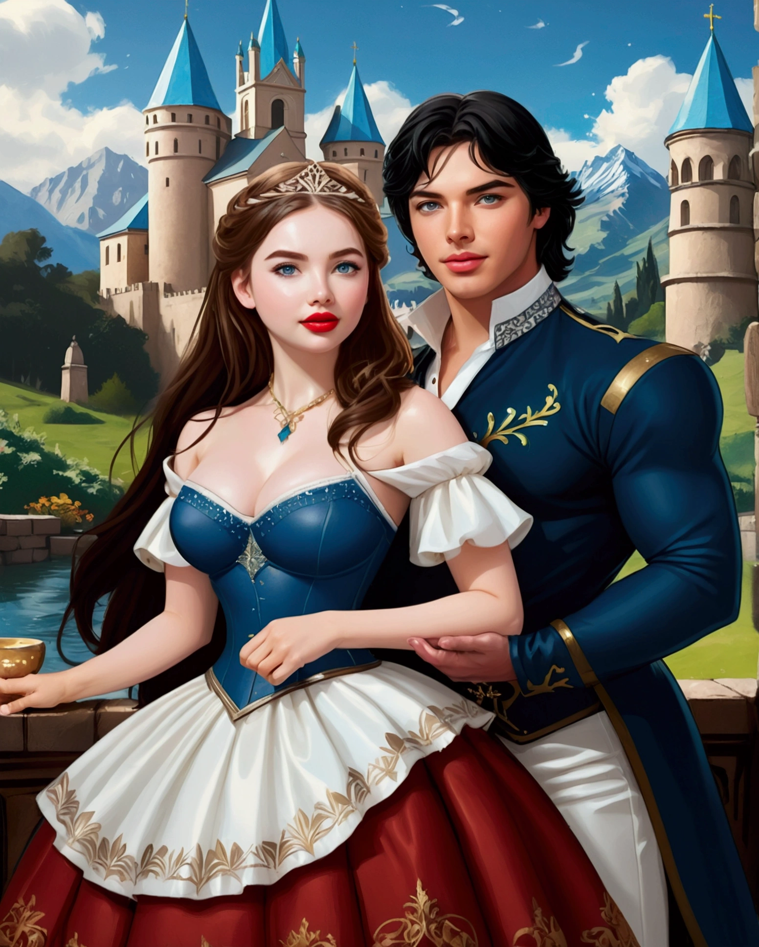Young Beautiful Princess Bride (Black Hair Hour Glass Figure Jessica Green Adelaide Kane Molly Quinn Hyper Large Blue Eyes. BUFF TONED FIT Hyper MUSCULAR. . Hourglass Figure Large Bust Ultra-Realistic. ) And Prince Groom (Bearded Michael Seater) Smiling To Each Other Beautiful Church In The Background. Dickensian. Official Art Award Winning Digital Painting Digital Illustration Extreme Detail 4k Ultra Hd Rococo Polished Intricate Realistic Fantasy Art Sharp Focus Concept Art Art By Wlop Artgerm (2d Vector Illustration)