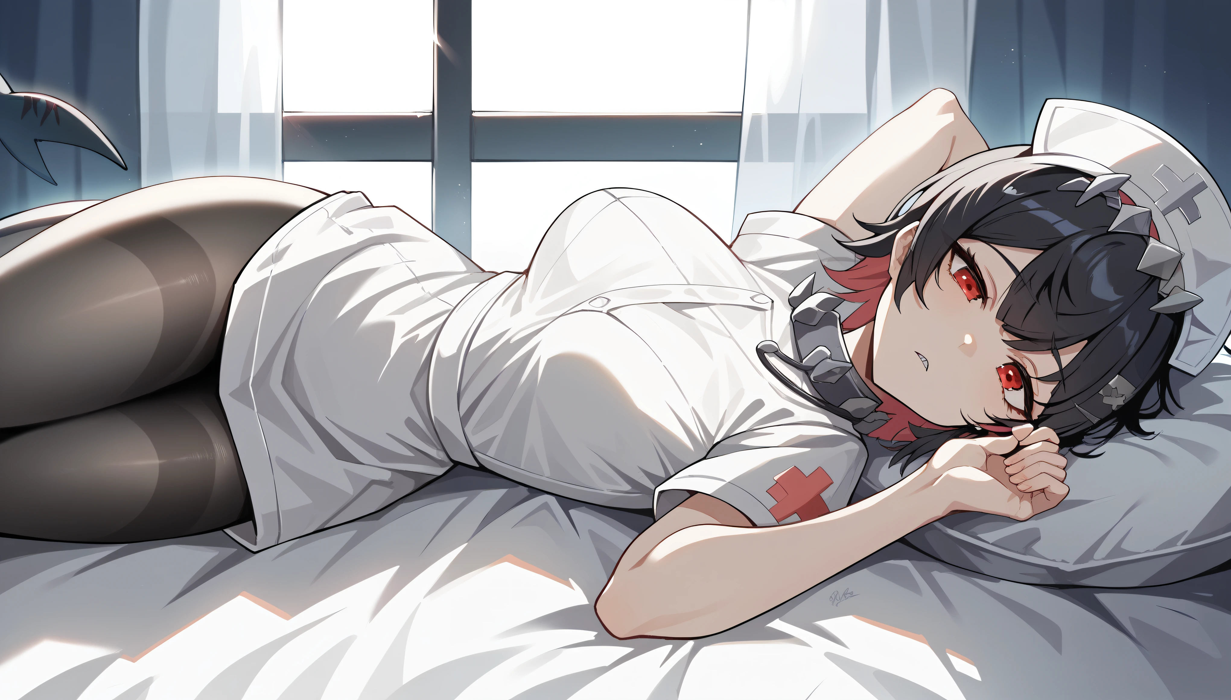 masterpiece，high resolution，Anime Art，Anime Numbers， 4k anime wallpaper，Soft Light，Radiant Skin，Looking at the camera，Solitary，An anime girl，Lying on a white hospital bed，Firm chest，Black hair，Striped hair，Red eye with a black spot under it，Nurse uniform，Black pantyhose，Black shark tail，Ward