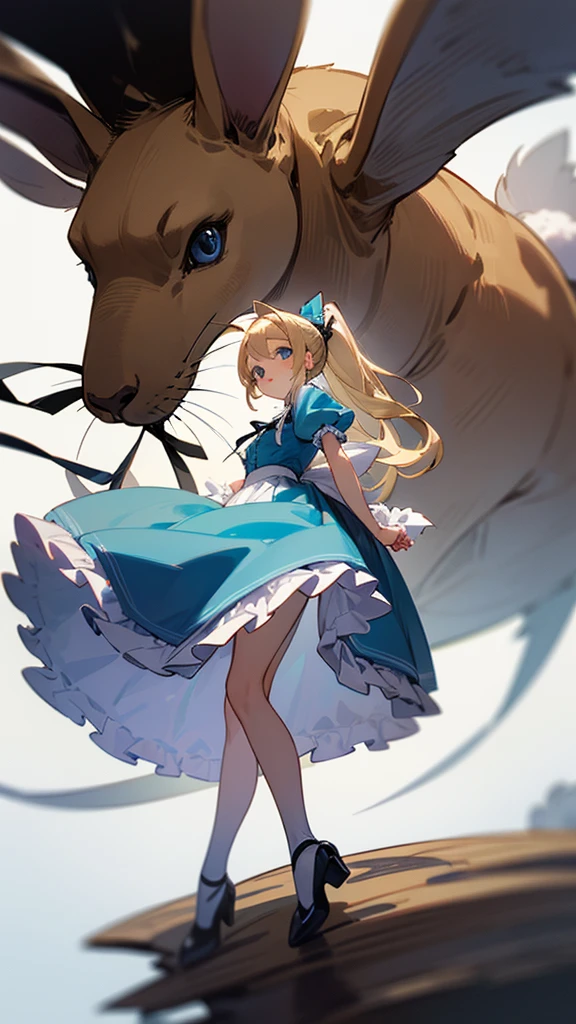 high resolution、Perm blonde、ponytail、Black ribbon on head、simple light blue dress、White frills on the skirt。
A girl like Alice in Wonderland。Fantasy、A girl with a giant rabbit character from Alice in Wonderland。