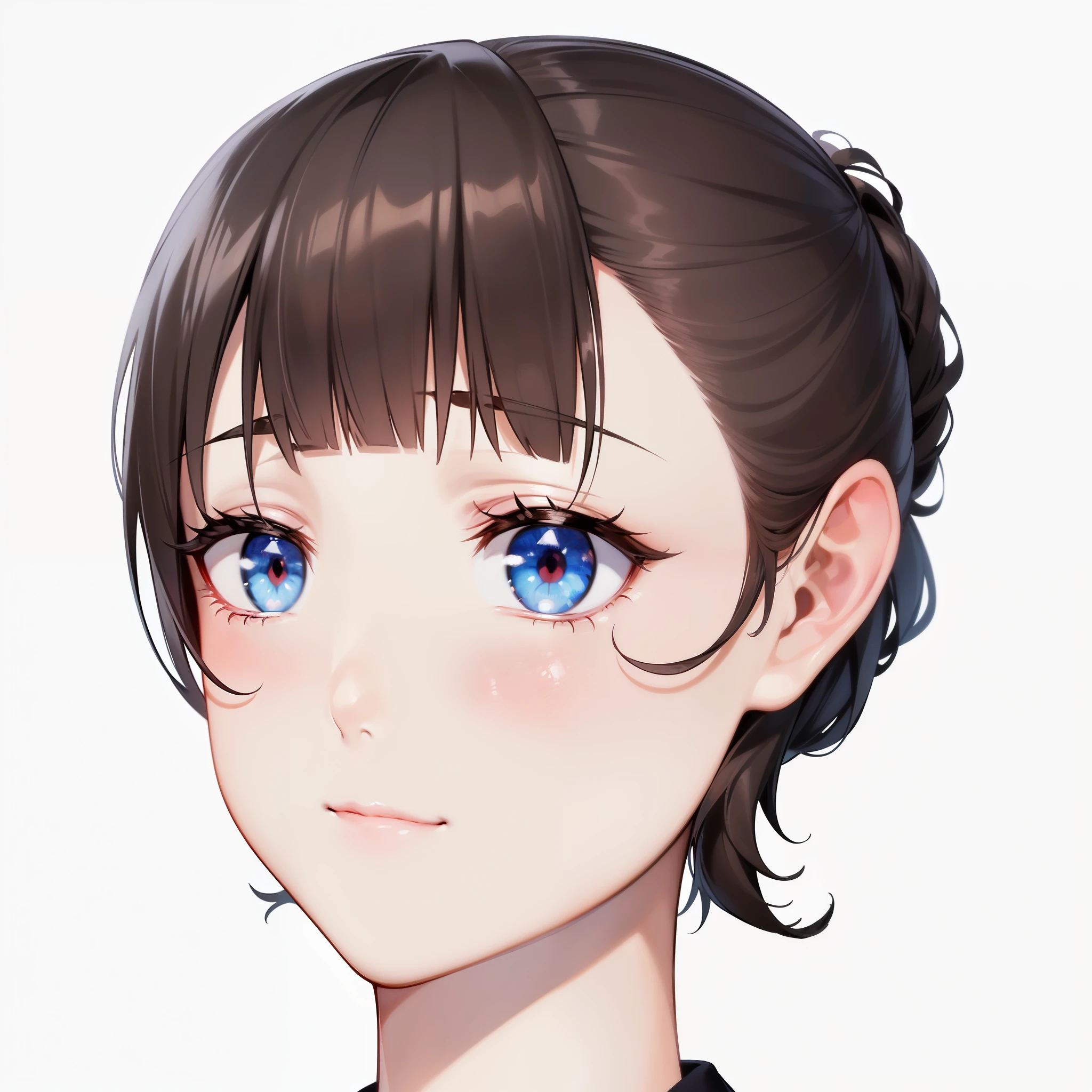masterpiece、high quality、Very detailed、One woman、(Align your bangs,Bangs above eyelids:1.5),(Tie your hair back at the back of your head、Clip it in place),profile,Late 20s,solo、Cheek smile、Face close-up、Looking into the camera、office、Anime Style、2D,(Close your mouth),(Don't show your teeth)