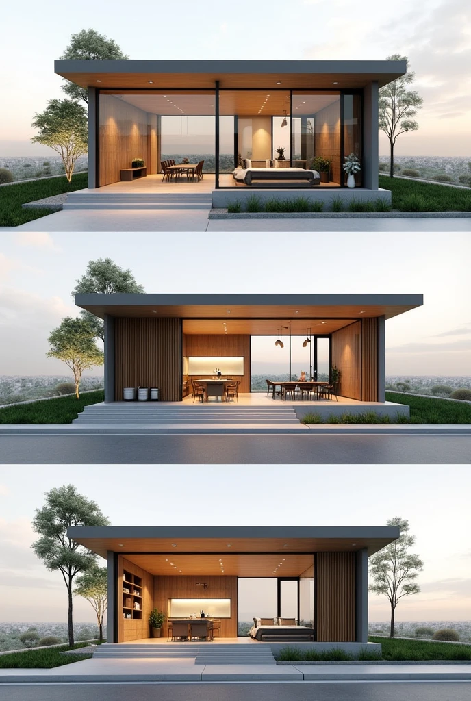 I would like a floor plan for a modern 60m² house with a kitchen integrated into the living room., 1 social bathroom, 1 large bedroom with closet and bathroom