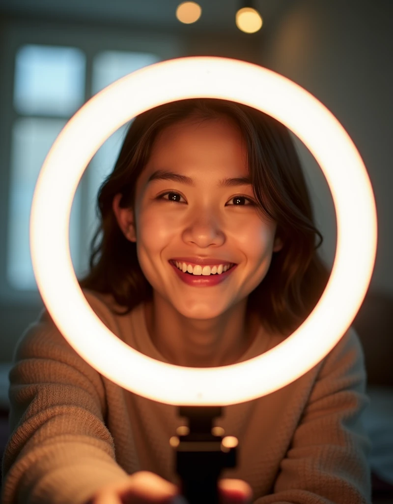 1 Female, Asian,Selphy,Selfie,Clip-on ring light attached to smartphone、